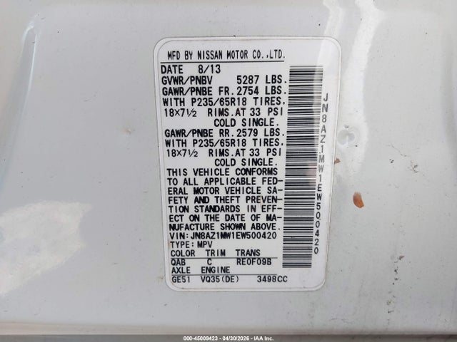 Продаж на аукціоні авто 2014 Nissan Murano Sl, vin: JN8AZ1MW1EW500420, номер лоту: 45009423