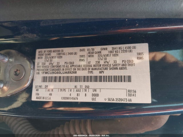 Продаж на аукціоні авто 2020 Ford Escape Se, vin: 1FMCU9G60LUA89268, номер лоту: 45009424