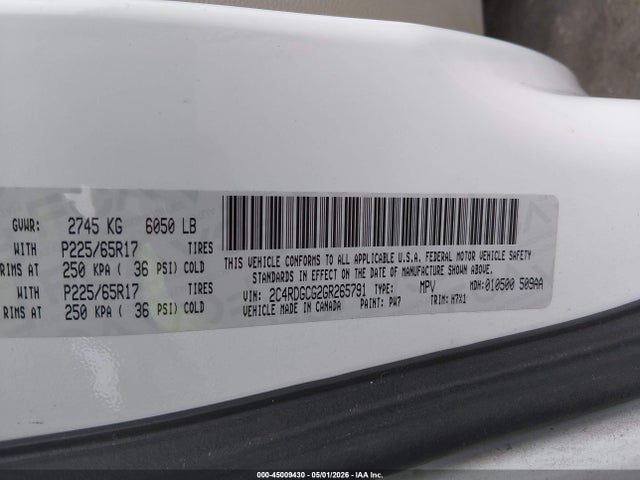2016 Dodge Grand Caravan Sxt მანქანა იყიდება აუქციონზე, vin: 2C4RDGCG2GR265791, აუქციონის ნომერი: 45009430