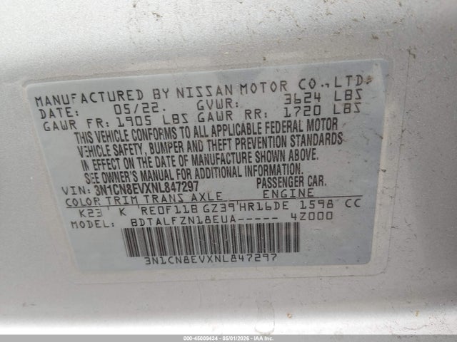 Продажа на аукционе авто 2022 Nissan Versa 1.6 Sv Xtronic Cvt, vin: 3N1CN8EVXNL847297, номер лота: 45009434