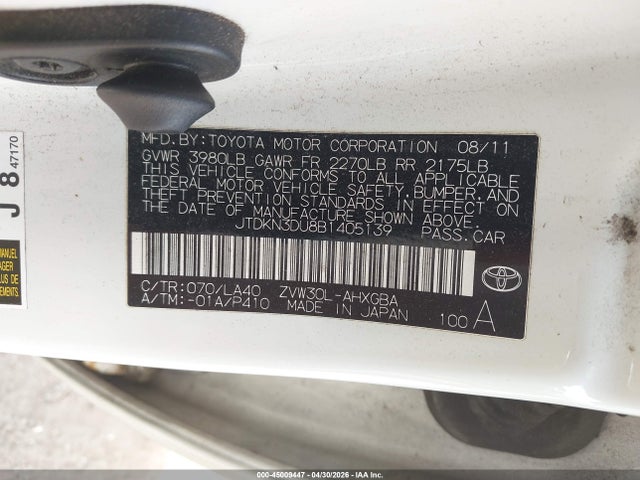 Aukcja sprzedaży 2011 Toyota Prius, vin: JTDKN3DU8B1405139, numer aukcji: 45009447