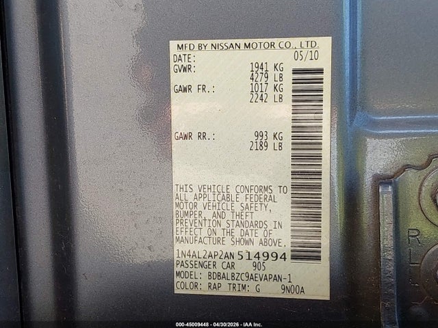 Aukcja sprzedaży 2010 Nissan Altima 2.5 S, vin: 1N4AL2AP2AN514994, numer aukcji: 45009448
