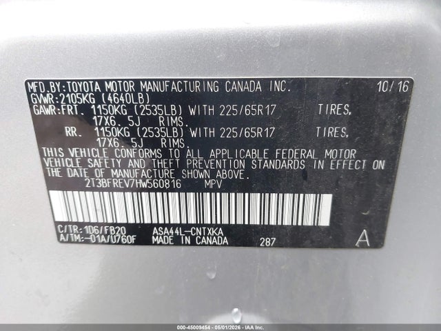 45009454 :رقم المزاد ، 2T3BFREV7HW560816 vin ، 2017 Toyota Rav4 Le مزاد بيع