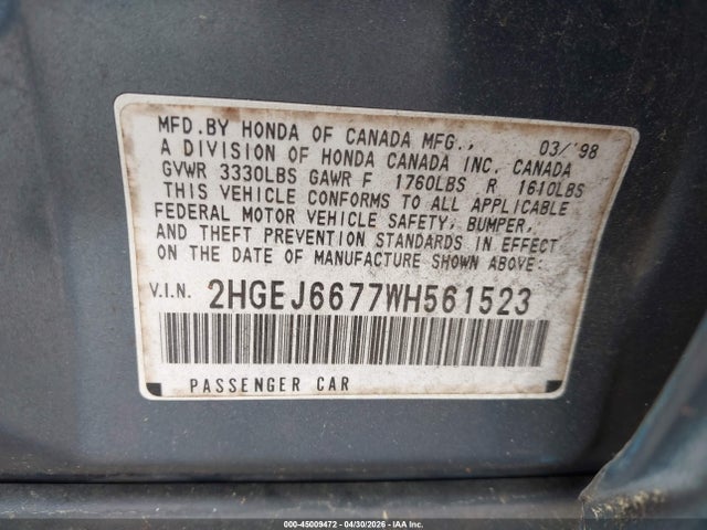 45009472 :رقم المزاد ، 2HGEJ6677WH561523 vin ، 1998 Honda Civic Lx مزاد بيع