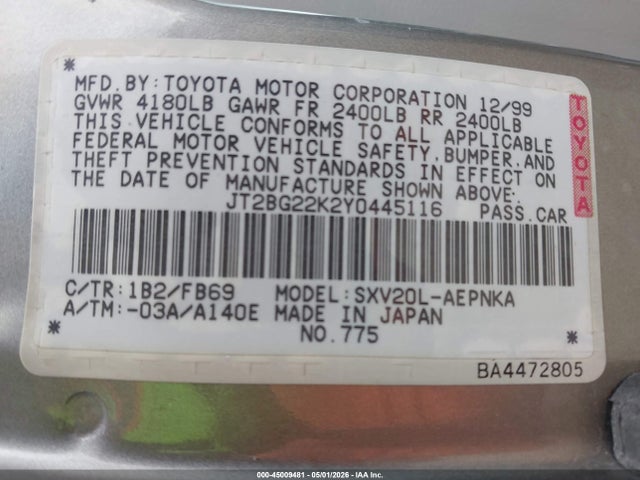 Aukcja sprzedaży 2000 Toyota Camry Le, vin: JT2BG22K2Y0445116, numer aukcji: 45009481