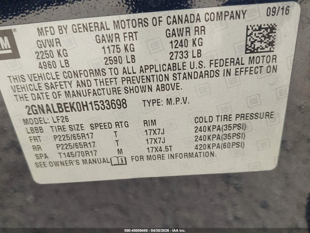 Aukcja sprzedaży 2017 Chevrolet Equinox Ls, vin: 2GNALBEK0H1533698, numer aukcji: 45009488