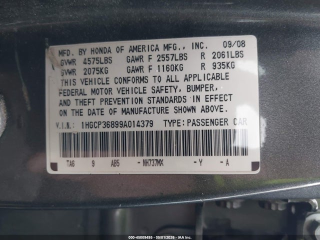 45009495 :رقم المزاد ، 1HGCP36899A014379 vin ، 2009 Honda Accord 3.5 Ex-l مزاد بيع