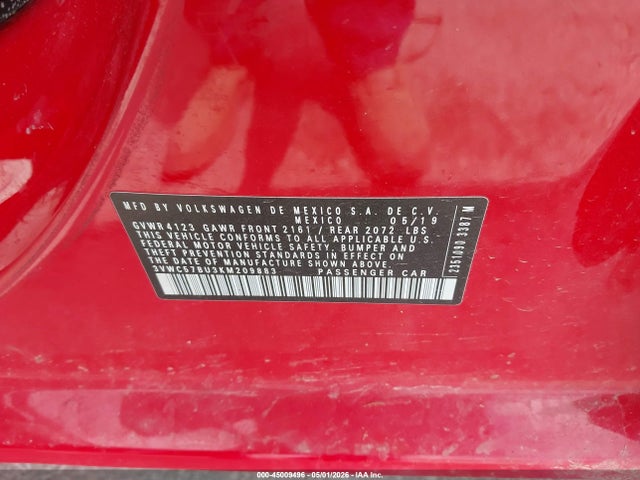 Aukcja sprzedaży 2019 Volkswagen Jetta 1.4t R-line/1.4t S/1.4t Se, vin: 3VWC57BU3KM209883, numer aukcji: 45009496