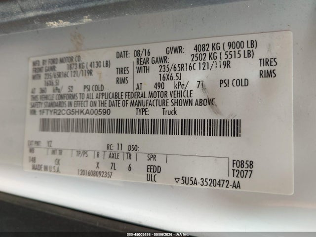 45009498 :رقم المزاد ، 1FTYR2CG5HKA00590 vin ، 2017 Ford Transit-250 مزاد بيع