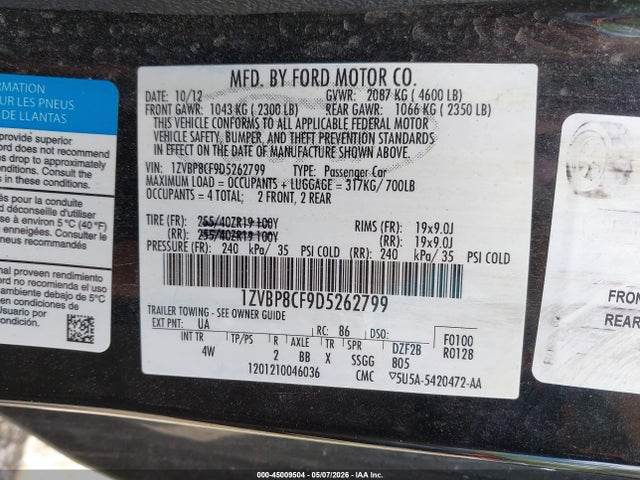 2013 Ford Mustang Gt Premium მანქანა იყიდება აუქციონზე, vin: 1ZVBP8CF9D5262799, აუქციონის ნომერი: 45009504