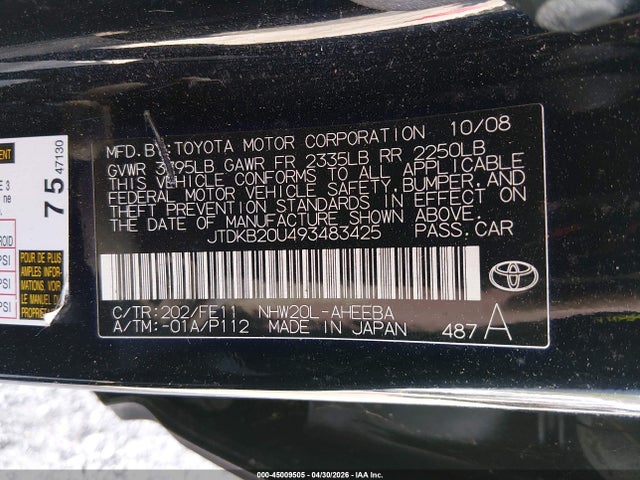 45009505 :رقم المزاد ، JTDKB20U493483425 vin ، 2009 Toyota Prius مزاد بيع