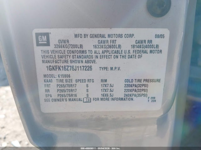 Aukcja sprzedaży 2006 Gmc Yukon Xl 1500 Slt, vin: 1GKFK16Z76J117226, numer aukcji: 45009511
