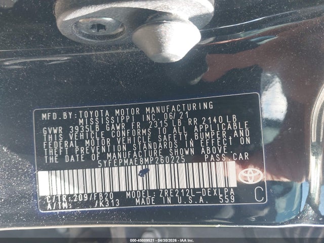 45009521 :رقم المزاد ، 5YFEPMAE8MP260225 vin ، 2021 Toyota Corolla Le مزاد بيع