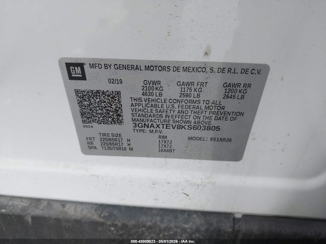 Aukcja sprzedaży 2019 Chevrolet Equinox Lt, vin: 3GNAXTEV8KS603805, numer aukcji: 45009523