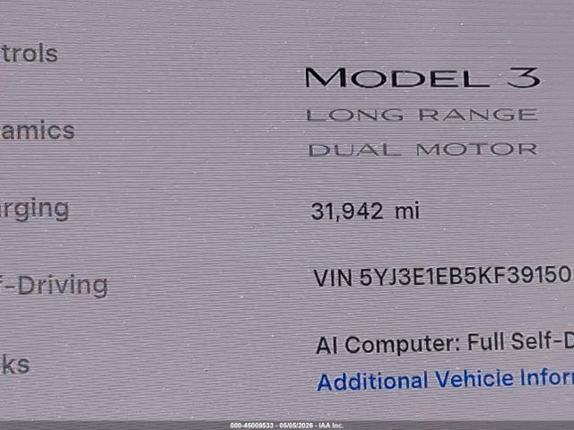 Aukcja sprzedaży 2019 Tesla Model 3 Long Range/performance, vin: 5YJ3E1EB5KF391505, numer aukcji: 45009533