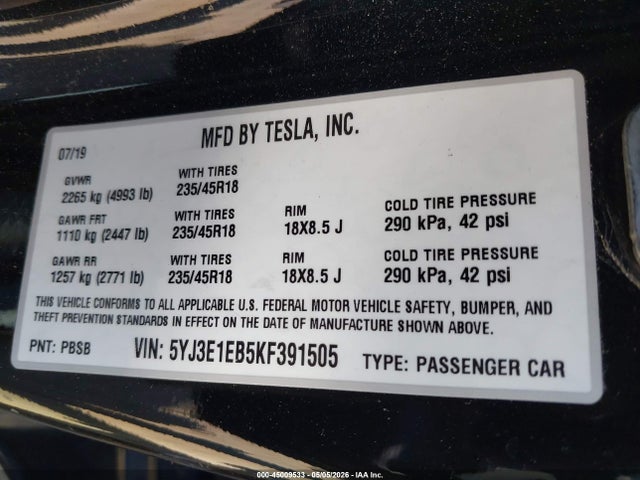 Aukcja sprzedaży 2019 Tesla Model 3 Long Range/performance, vin: 5YJ3E1EB5KF391505, numer aukcji: 45009533