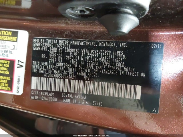 Aukcja sprzedaży 2011 Toyota Venza Base V6, vin: 4T3BK3BB5BU051821, numer aukcji: 45009534