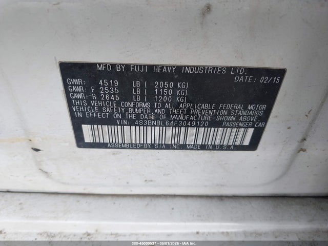 45009537 :رقم المزاد ، 4S3BNBL64F3049120 vin ، 2015 Subaru Legacy 2.5i Limited مزاد بيع