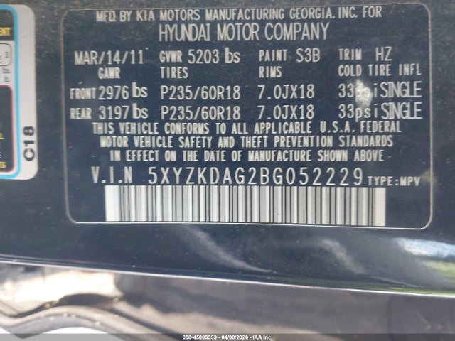 Продажа на аукционе авто 2011 Hyundai Santa Fe Limited V6, vin: 5XYZKDAG2BG052229, номер лота: 45009539