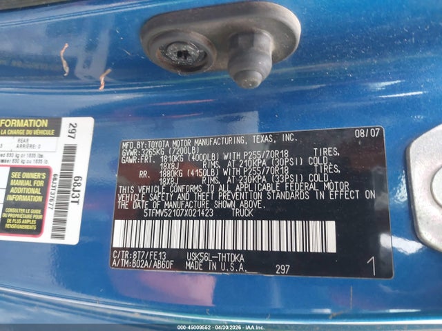 Aukcja sprzedaży 2007 Toyota Tundra Base 5.7l V8, vin: 5TFMV52107X021423, numer aukcji: 45009552