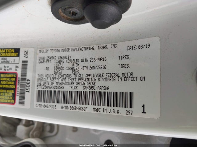 45009560 :رقم المزاد ، 5TFCZ5AN6KX210588 vin ، 2019 Toyota Tacoma Trd Off Road مزاد بيع
