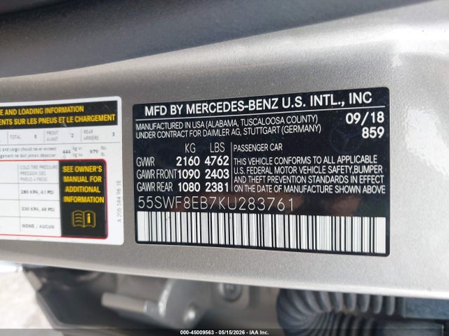 45009563 :رقم المزاد ، 55SWF8EB7KU283761 vin ، 2019 Mercedes-benz C 300 4matic مزاد بيع
