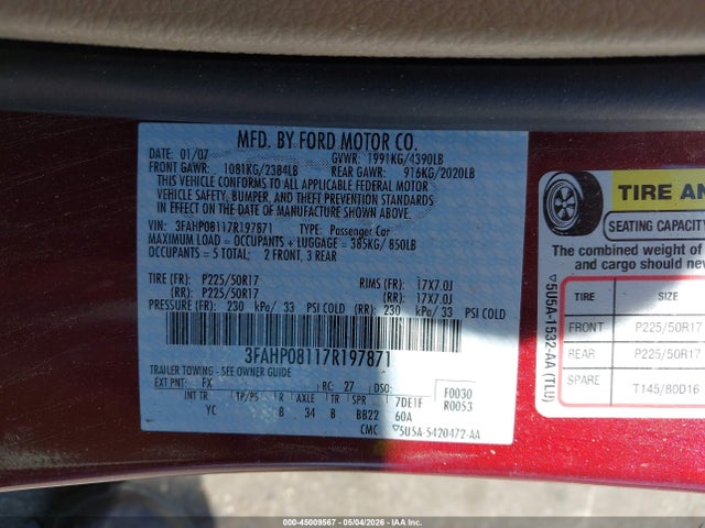 Продаж на аукціоні авто 2007 Ford Fusion Sel, vin: 3FAHP08117R197871, номер лоту: 45009567