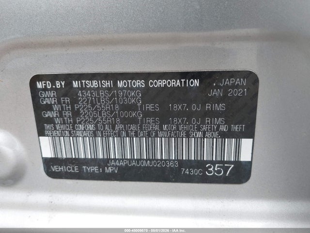 2021 Mitsubishi Outlander Sport 2.0 Be 2wd/2.0 Es 2wd/2.0 Le 2wd/2.0 S 2wd მანქანა იყიდება აუქციონზე, vin: JA4APUAU0MU020363, აუქციონის ნომერი: 45009570