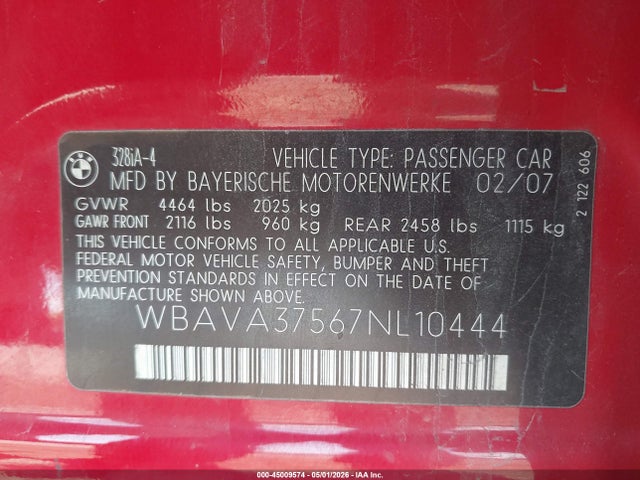 Aukcja sprzedaży 2007 Bmw 328i, vin: WBAVA37567NL10444, numer aukcji: 45009574