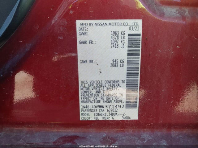Продаж на аукціоні авто 2021 Nissan Altima Sv Fwd, vin: 1N4BL4DV9MN371492, номер лоту: 45009582