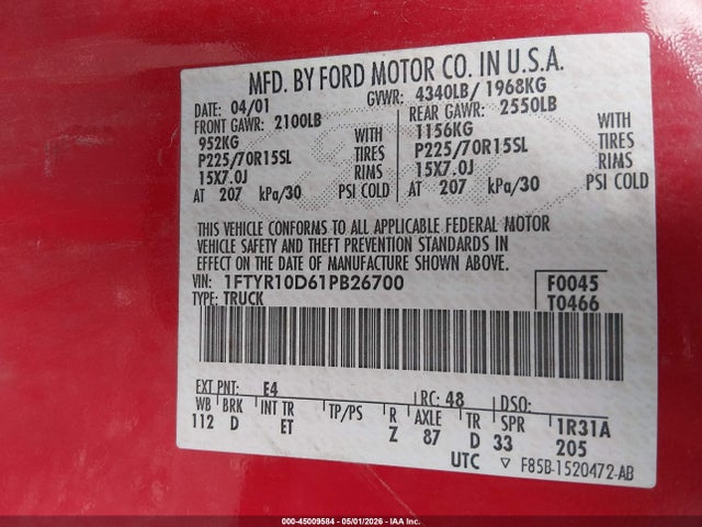 Продаж на аукціоні авто 2001 Ford Ranger Xl/xlt, vin: 1FTYR10D61PB26700, номер лоту: 45009584