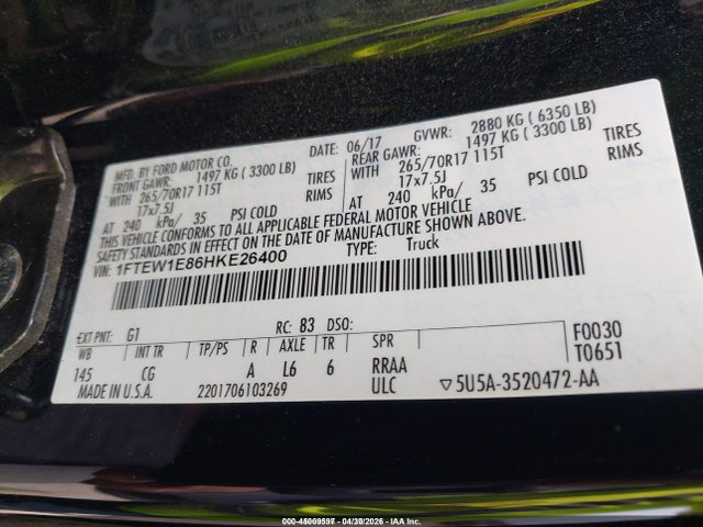 Aukcja sprzedaży 2017 Ford F-150 Xl, vin: 1FTEW1E86HKE26400, numer aukcji: 45009597