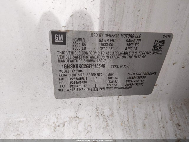 45009599 :رقم المزاد ، 1GNSKBKC2GR110549 vin ، 2016 Chevrolet Tahoe Lt مزاد بيع