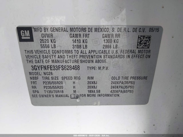 Продаж на аукціоні авто 2015 Cadillac Srx Performance Collection, vin: 3GYFNFE33FS628468, номер лоту: 45009610