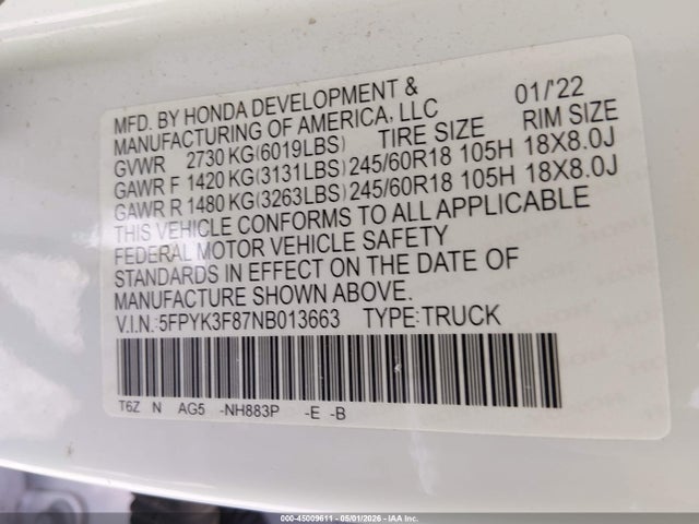 45009611 :رقم المزاد ، 5FPYK3F87NB013663 vin ، 2022 Honda Ridgeline Black Edition مزاد بيع