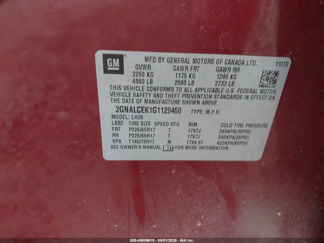 45009619 :رقم المزاد ، 2GNALCEK1G1129460 vin ، 2016 Chevrolet Equinox Lt مزاد بيع