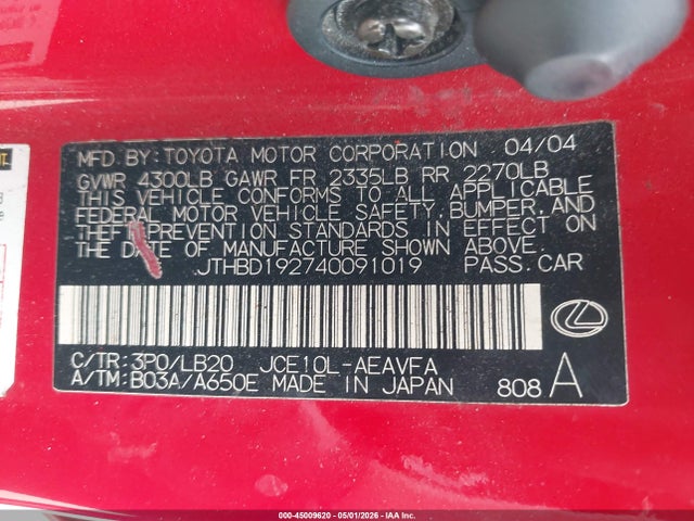 45009620 :رقم المزاد ، JTHBD192740091019 vin ، 2004 Lexus Is 300 مزاد بيع
