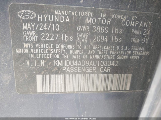 Aukcja sprzedaży 2010 Hyundai Elantra Gls, vin: KMHDU4AD9AU103342, numer aukcji: 45009622