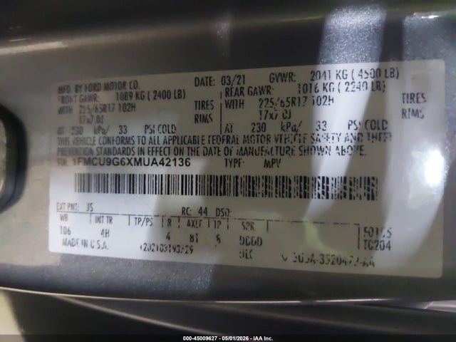 Продажа на аукционе авто 2021 Ford Escape Se, vin: 1FMCU9G6XMUA42136, номер лота: 45009627
