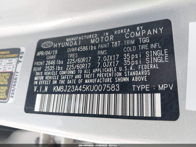 KM8J23A45KU007583 Hyundai TUCSON SE