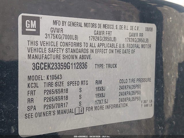 45009632 :رقم المزاد ، 3GCEK23359G112836 vin ، 2009 Chevrolet Silverado 1500 Lt مزاد بيع