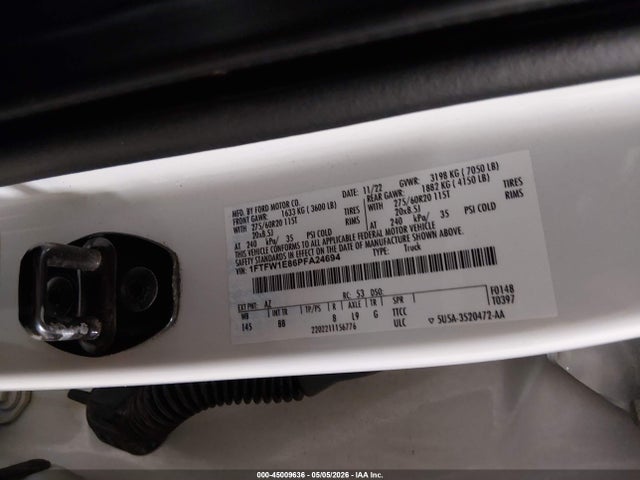 2023 Ford F-150 Platinum მანქანა იყიდება აუქციონზე, vin: 1FTFW1E86PFA24694, აუქციონის ნომერი: 45009636