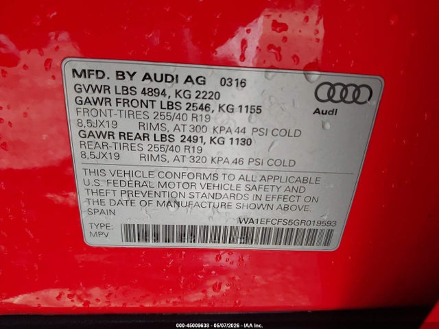 2016 Audi Q3 2.0t Premium Plus მანქანა იყიდება აუქციონზე, vin: WA1EFCFS5GR019593, აუქციონის ნომერი: 45009638