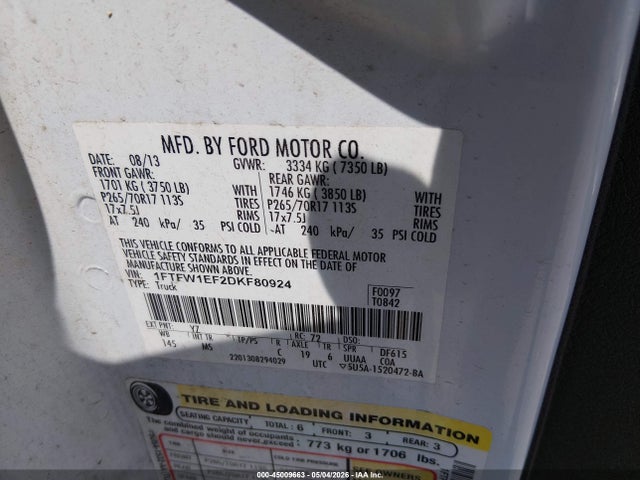 Aukcja sprzedaży 2013 Ford F-150 Xlt, vin: 1FTFW1EF2DKF80924, numer aukcji: 45009663