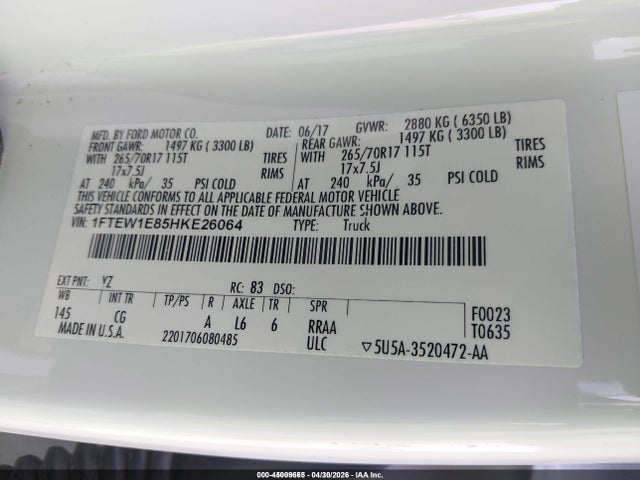 Aukcja sprzedaży 2017 Ford F-150 Xl, vin: 1FTEW1E85HKE26064, numer aukcji: 45009665