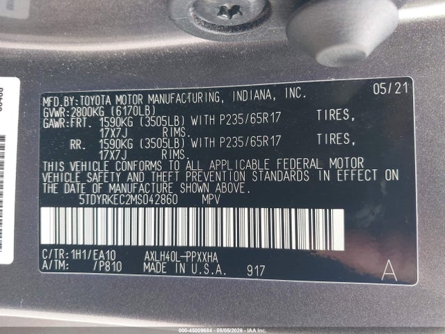 Aukcja sprzedaży 2021 Toyota Sienna Xle, vin: 5TDYRKEC2MS042860, numer aukcji: 45009684