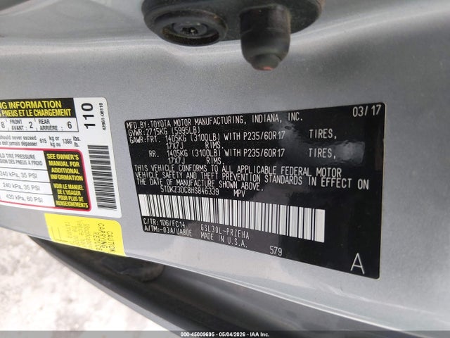 2017 Toyota Sienna Le 8 Passenger მანქანა იყიდება აუქციონზე, vin: 5TDKZ3DC8HS846339, აუქციონის ნომერი: 45009695