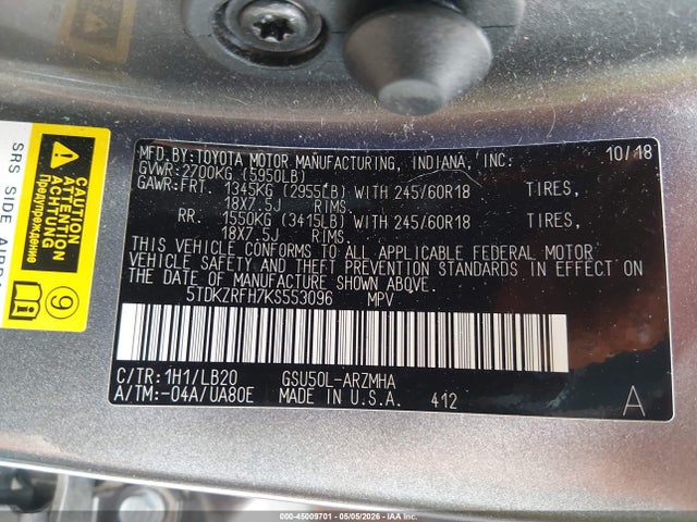 Aukcja sprzedaży 2019 Toyota Highlander Xle, vin: 5TDKZRFH7KS553096, numer aukcji: 45009701