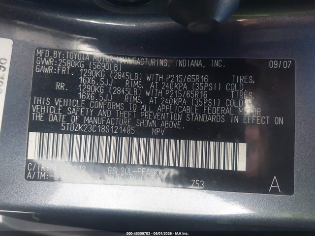 Продажа на аукционе авто 2008 Toyota Sienna Le, vin: 5TDZK23C18S121485, номер лота: 45009703