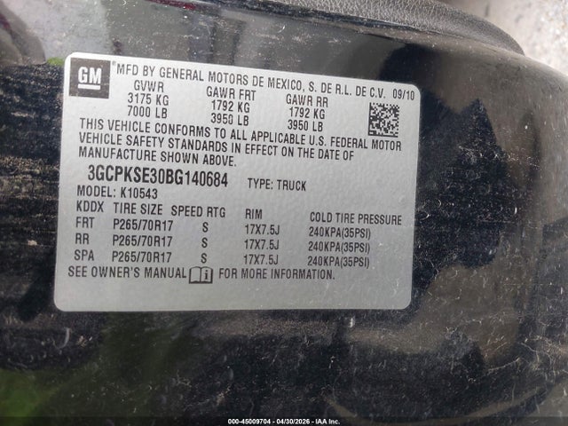 2011 Chevrolet Silverado 1500 Lt მანქანა იყიდება აუქციონზე, vin: 3GCPKSE30BG140684, აუქციონის ნომერი: 45009704